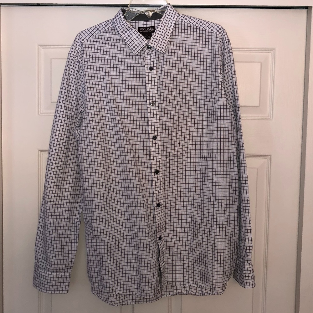 Michael Kors Mini Windowpane Dress Shirt, White XL
